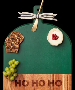 Acacia Bevel Board Green w/ Ribbon & Gold Spreader Knife | Ho Ho Ho | 15 x 12"-Maple Online