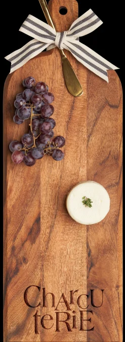 Acacia Bevel Board w/ Ribbon & Gold Spreader Knife | Charcuterie Stacked | 20 x 7"-Maple Clearance