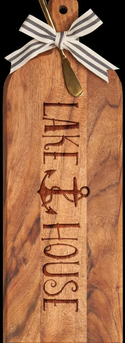 Acacia Bevel Board w/ Ribbon & Gold Spreader Knife | Lake House | 20 x 7"-Maple Fashion