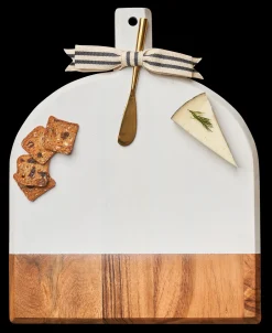 Acacia Bevel Board White w/ Ribbon & Gold Spreader Knife | 15" X 12" X .6"-Maple Outlet