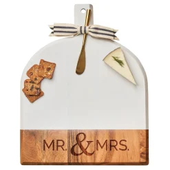 Acacia Bevel Board White w/ Ribbon & Gold Spreader Knfie | Modern Mr. & Mrs. | 15" X 12" X .6"-Maple Online