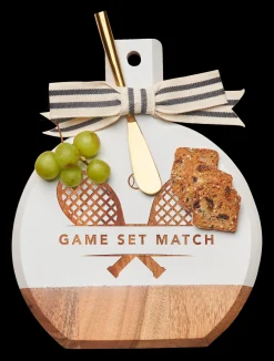 Acacia Bevel Board White w/ Ribbon & Gold Spreader Knife | Tennis | 9.75 x 8"-Maple Fashion