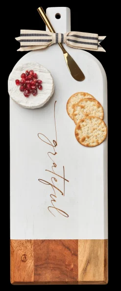 Acacia Bevel Board White w/ Ribbon & Gold Spreader Knife | Grateful Script | 20 x 7"-Maple Online