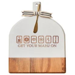 Acacia Bevel Board White w/ Ribbon & Gold Spreader Knife | Get Your Mahj On | 15" X 12" X .6"-Maple Hot
