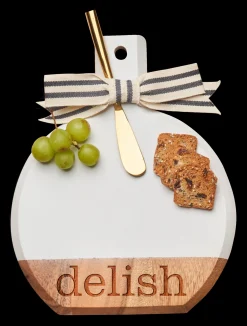 Acacia Bevel Board White w/ Ribbon & Gold Spreader Knife | Delish | 9.75 x 8"-Maple New