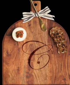 Acacia Bevel Board with Handle | Personalized | 15 x 12" w/ gold ribbon and gray/white spreader-Maple Best