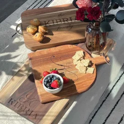 Acacia Bevel Board with Handle | Personalized | 15 x 12" w/ gold ribbon and gray/white spreader-Maple Best