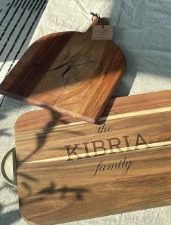 Acacia Bevel Board with Handle | Personalized | 15 x 12" w/ gold ribbon and gray/white spreader-Maple Best