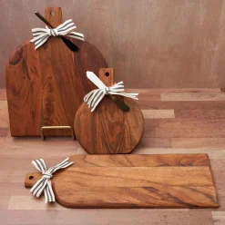 Acacia Bevel Board with Handle | Personalized | 15 x 12" w/ gold ribbon and gray/white spreader-Maple Best