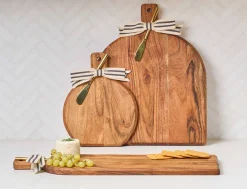 Acacia Bevel Board with Handle | Personalized | 15 x 12" w/ gold ribbon and gray/white spreader-Maple Best