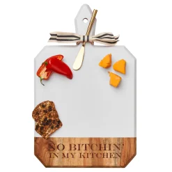 Acacia Heirloom Board Rectangle In White Color w/ Gold Spreader & Ribbon | No Bitchin In My Kitchen | 16 x 10"-Maple Discount