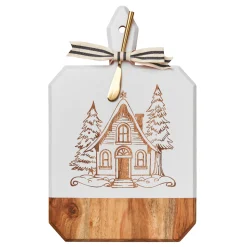 Acacia Heirloom Board Rectangle In White Color w/ Gold Spreader & Ribbon | Christmas Cottage | 16 x 10"-Maple Fashion