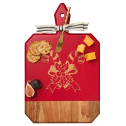 Acacia Heirloom Board Rectangle In Red Color w/ Gold Spreader & Ribbon | Candy Cane | 16 x 10"-Maple Outlet