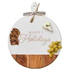 Acacia Heirloom Board Round In White Color w/ Gold Spreader & Ribbon | Happy Holidays | 20 x 16"-Maple Sale