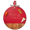 Acacia Heirloom Board Round In Red Color w/ Gold Spreader & Ribbon | Merry & Bright | 20 x 16"-Maple Hot