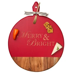Acacia Heirloom Board Round In Red Color w/ Gold Spreader & Ribbon | Merry & Bright | 20 x 16"-Maple Hot