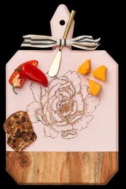 Acacia Heirloom Board with Handle Round & Gold Spreader Tied with Gray & White Ribbon | Peony | 16 x 10"-Maple Online