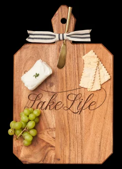 Acacia Heirloom Board with Handle Rectangle & Gold Spreader Tied with Gray & White Ribbon | Lake Life | 16 x 10 x .6"-Maple Fashion