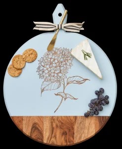 Acacia Heirloom Board with Handle Round & Gold Spreader Tied with Gray & White Ribbon | Hydrangea | 20 x 16"-Maple Hot