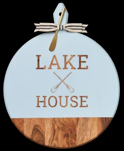 Acacia Heirloom Board with Handle Round & Gold Spreader Tied with Gray & White Ribbon | Lake House with Oars | 20 x 16"-Maple Outlet