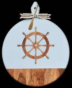 Acacia Heirloom Board with Handle Round & Gold Spreader Tied with Gray & White Ribbon | Helm | 20 x 16"-Maple New
