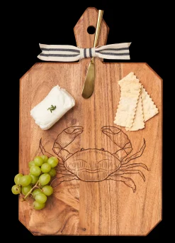 Acacia Heirloom Board with Handle Rectangle & Gold Spreader Tied with Gray & White Ribbon | Crab | 16 x 10 x .6"-Maple Outlet