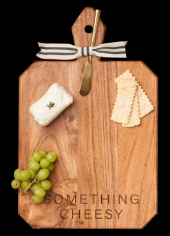 Acacia Heirloom Board with Handle Rectangle & Gold Spreader Tied with Gray & White Ribbon | something cheesy | 16 x 10 x .6"-Maple Hot