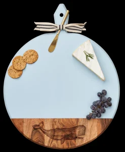 Acacia Heirloom Board with Handle Round & Gold Spreader Tied with Gray & White Ribbon | Whale | 20 x 16"-Maple Online