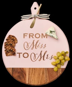 Acacia Heirloom Board with Handle Round & Gold Spreader Tied with Gray & White Ribbon - Pink | From Miss to Mrs | 20 x 16"-Maple Outlet