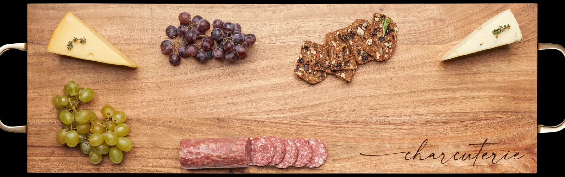 Acacia Serving Board w/ Curved Gold Handles | Charcuterie Script | 30 x 10"-Maple Online