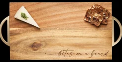Modern Acacia Rectangle w/ Open Half Circle Gold Handles | Bites on a Board Script | 14 x 8"-Maple Clearance