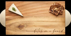 Modern Acacia Rectangle w/ Half Circle Gold Handles | Bites on a Board Script | 14 x 8"-Maple Clearance