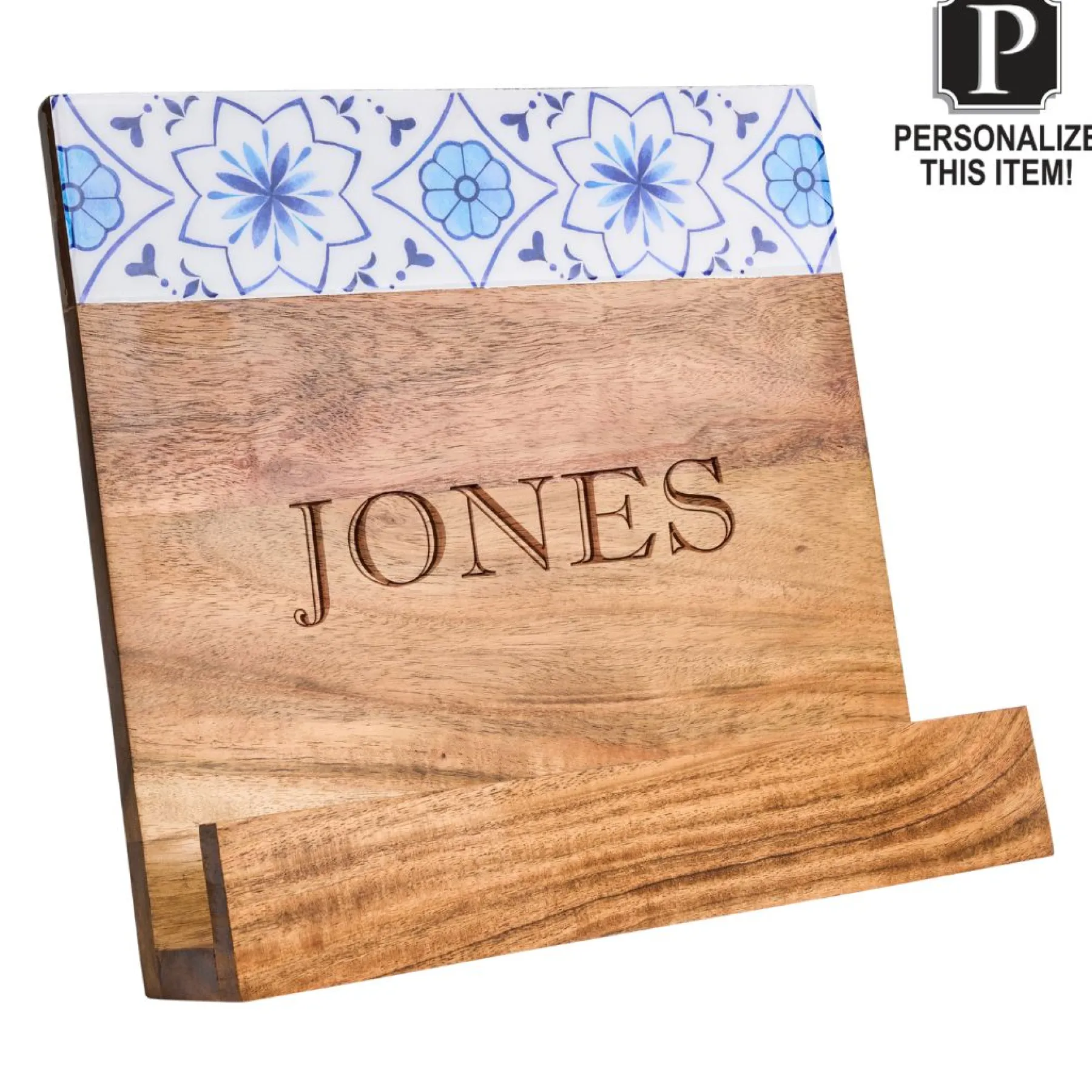 Personalized Acacia Cookbook Holder | Capri Pattern Enamel | 11 X 11"-Maple Outlet