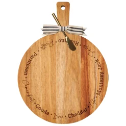 19" x 14" Acacia Thick Handle Round Cutting Board | Types of Cheese |-Maple Clearance