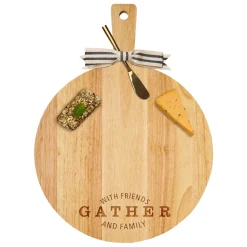 19" x 14" Rubber Wood Thick Handle Round Cutting Board with Gold Spreader and Ribbon | Gather with Friends and Family-Maple Best