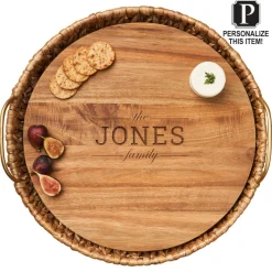 Water Hyacinth Round Tray with Metal Handles and Acacia Wood Liner | Personalize | 17.5 x 17.5 x 4.5”-Maple Sale